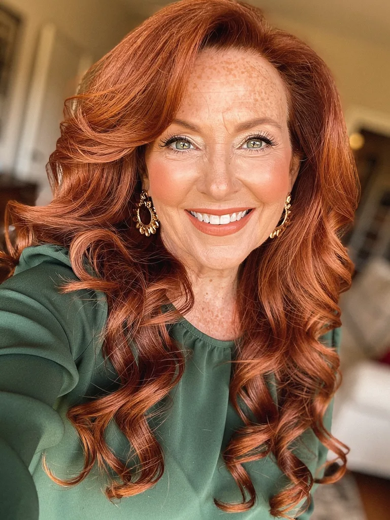 High-Volume Curly Copper Red Long Layers with Side Bangs